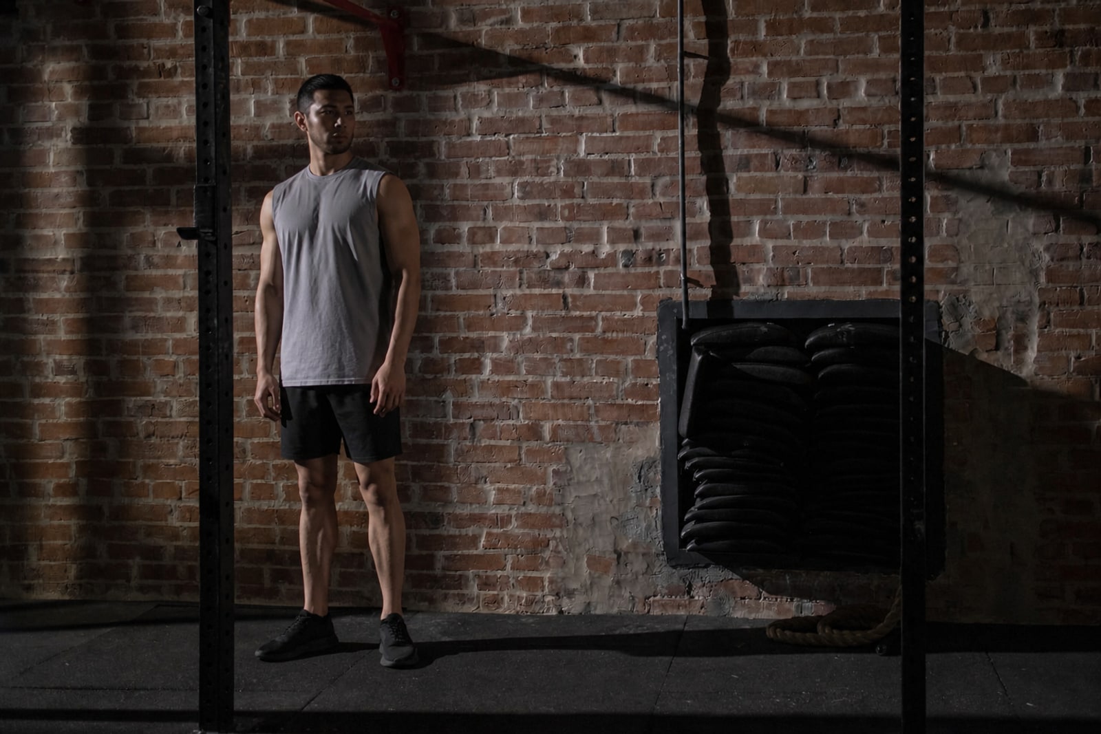 A patient standing under a rig on the training floor